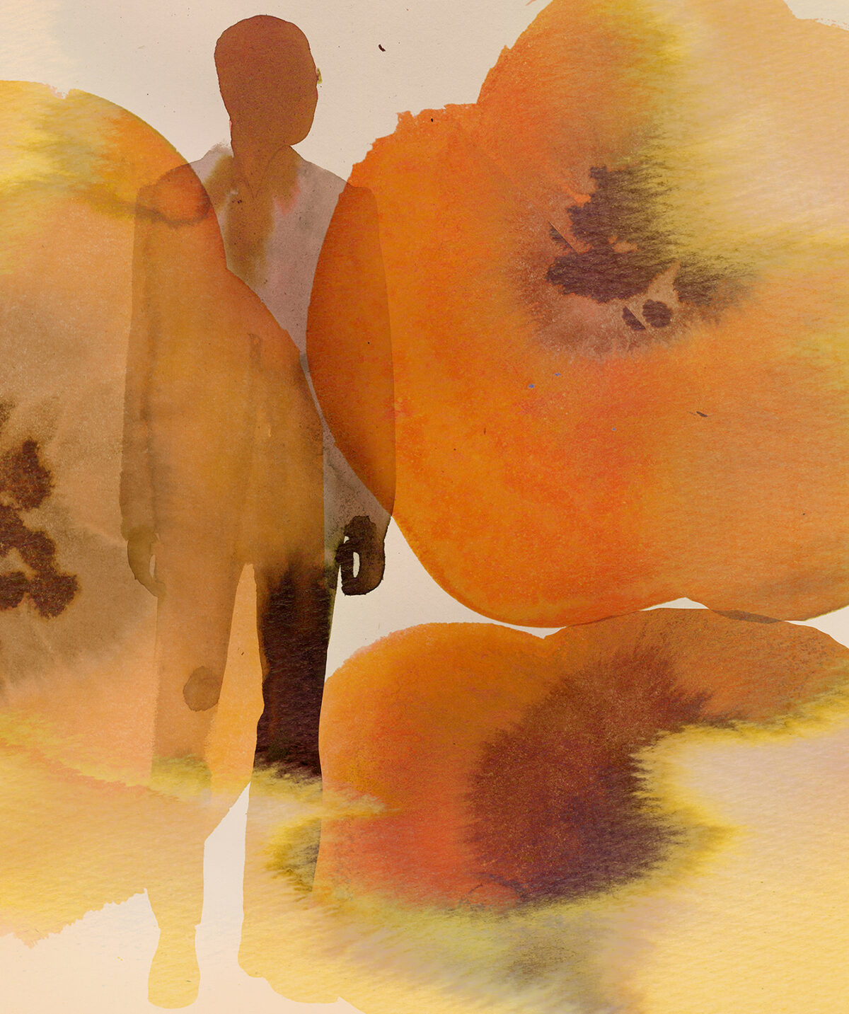 Watercolor painting of a man overlaid with California poppies