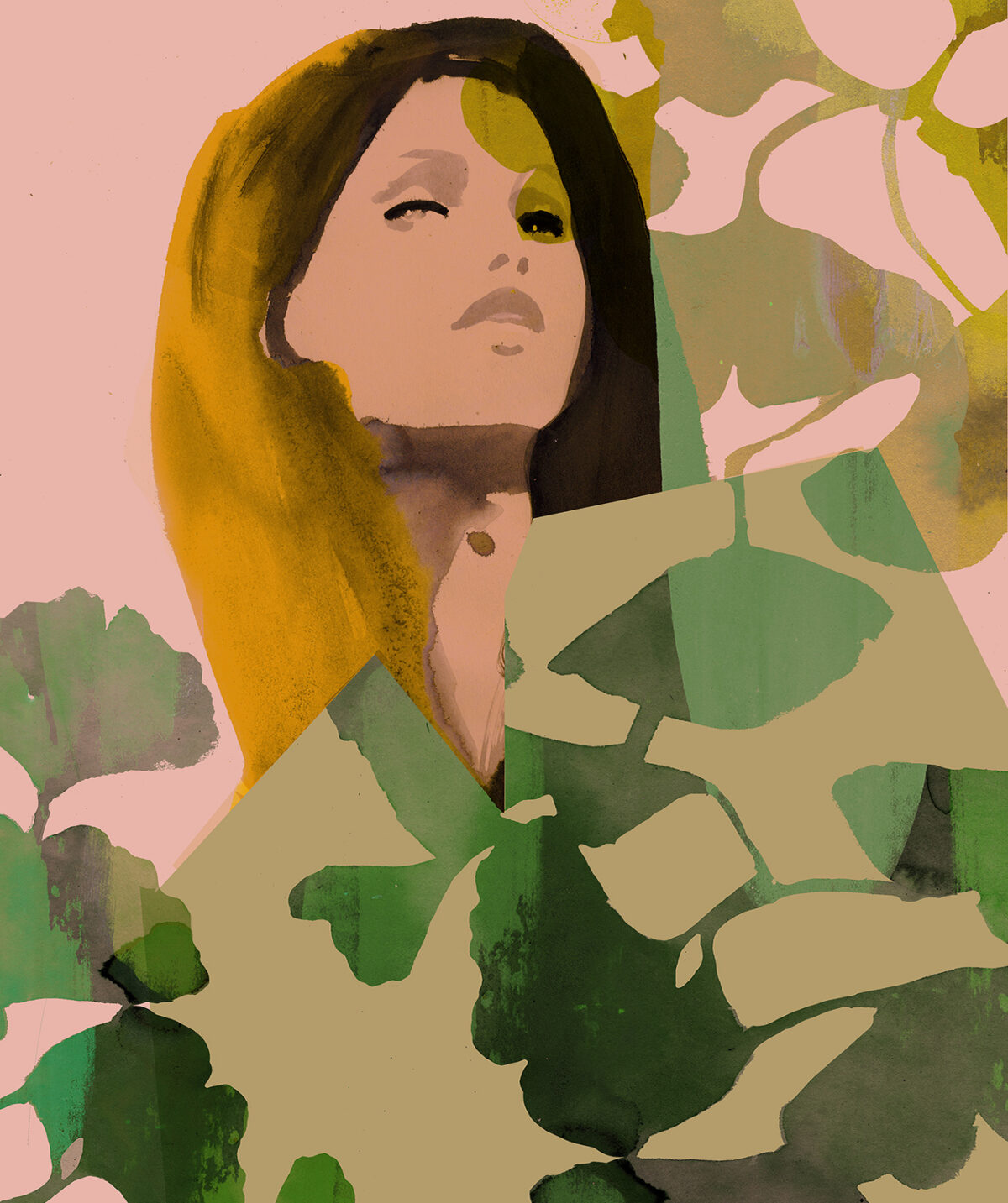Watercolor in muted pastel tone of a woman and foliage